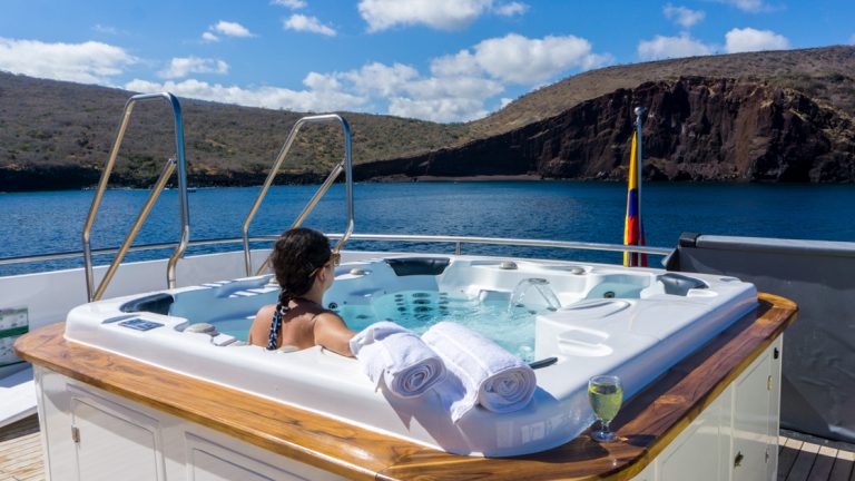 Relax and unwind in the wonderful hot tub after a day spend adventuring while aboard the Natural Paradise cruising in the Galapagos