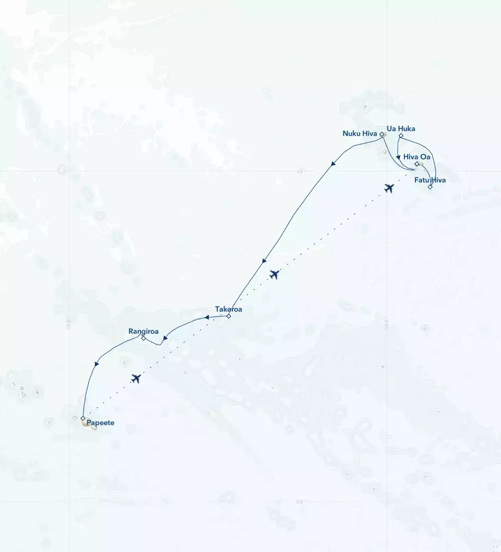 Route map of southbound Ancient Polynesia Tuamotu & Marquesas cruise, operating round-trip from Papeete, Tahiti, with visits to Rangiroa, Takaroa, Fatu Hiva, Ua Huka & Hiva Oa.