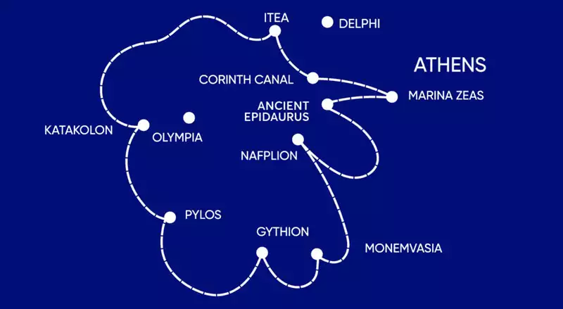 Route map of Antiquity to Byzantium cruise operating round-trip from Athens, Greece with visits to Epidaurus, Nafplion, Monemvasia, Gythion, Pylos, Olympia, Katakolon, Delphi, Itea & the Corinth Canal.