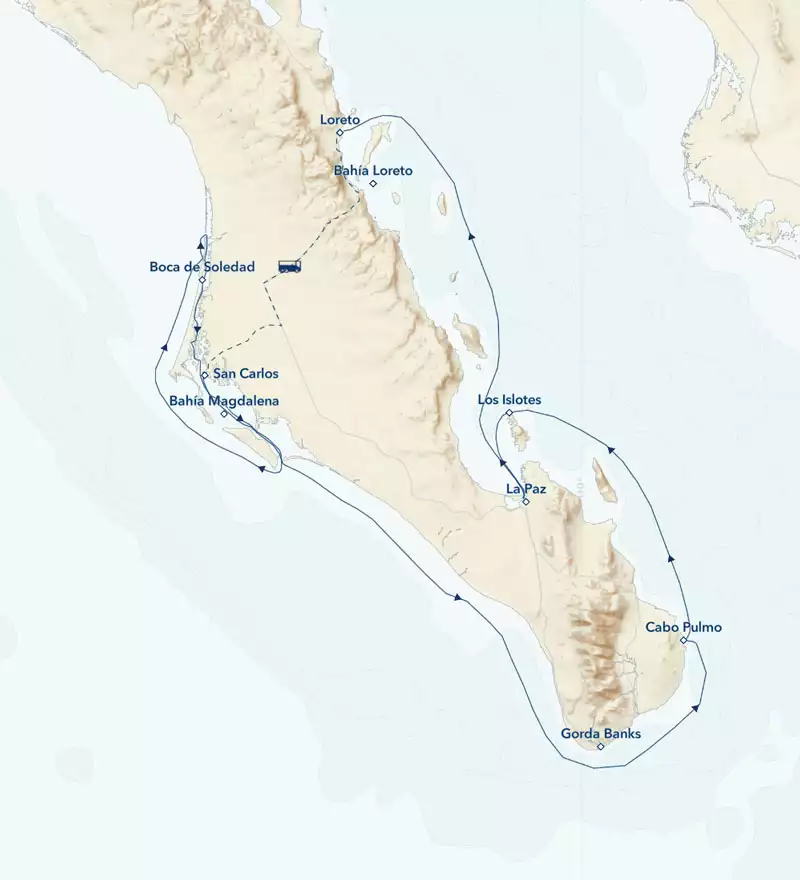 Eastbound Baja California: Among the Great Whales cruise route map, operating round-trip from Loreto with visits to San Carlos, Magdalena Bay, Cabo Pulmo, La Paz & Los Islotes.