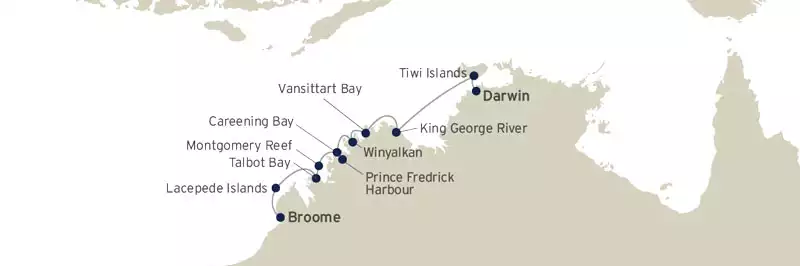 Route map of The Best of the Kimberley & Tiwi Islands cruise, operating between Darwin and Broome, Australia, with visits to Lacepede Islands, Talbot Bay, Montgomery Reef, Prince Frederick Harbor, Careening Bay, Winyalkan, Vansittart Bay, King George River & Tiwi Islands.