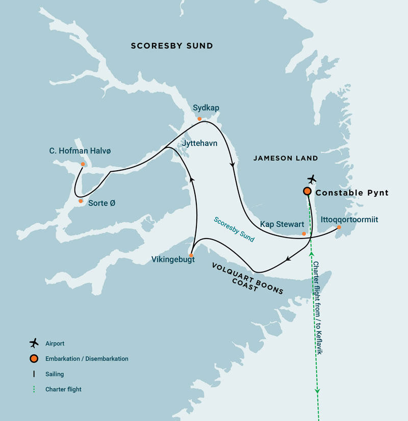 Route map of Scoresby Sund Aurora Borealis Fly Round-Trip east Greenland voyage itineraries, operating round-trip from Keflavik, Iceland, with visits to Constable Pynt, Ittoqqortoomiit, Sydkap & more.