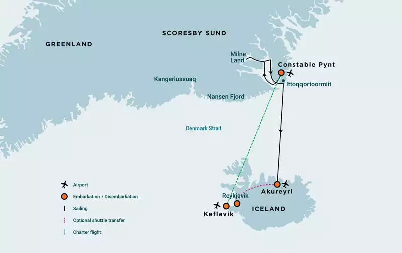 Route map of Scoresby Sund Aurora Borealis Fly & Sail east Greenland voyage itineraries, operating round-trip from Keflavik, Iceland, with visits to Constable Pynt, Ittoqqortoomiit, Sydkap & more.