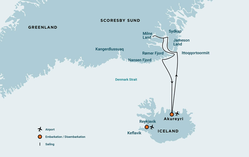 Route map of Scoresby Sund Aurora Borealis voyage, operating round-trip from Aukureyri, Iceland, with visits along southern Greenland.