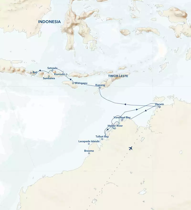 Route map of northbound Nat Geo Kimberley Expedition cruise between Darwin, Australia & Bali, Indonesia with visits to Rowley Shoals, Montgomery Reef, Bigge Island, Vansittart Bay, King George River & Falls, Wyndham, Komodo National Park & more.