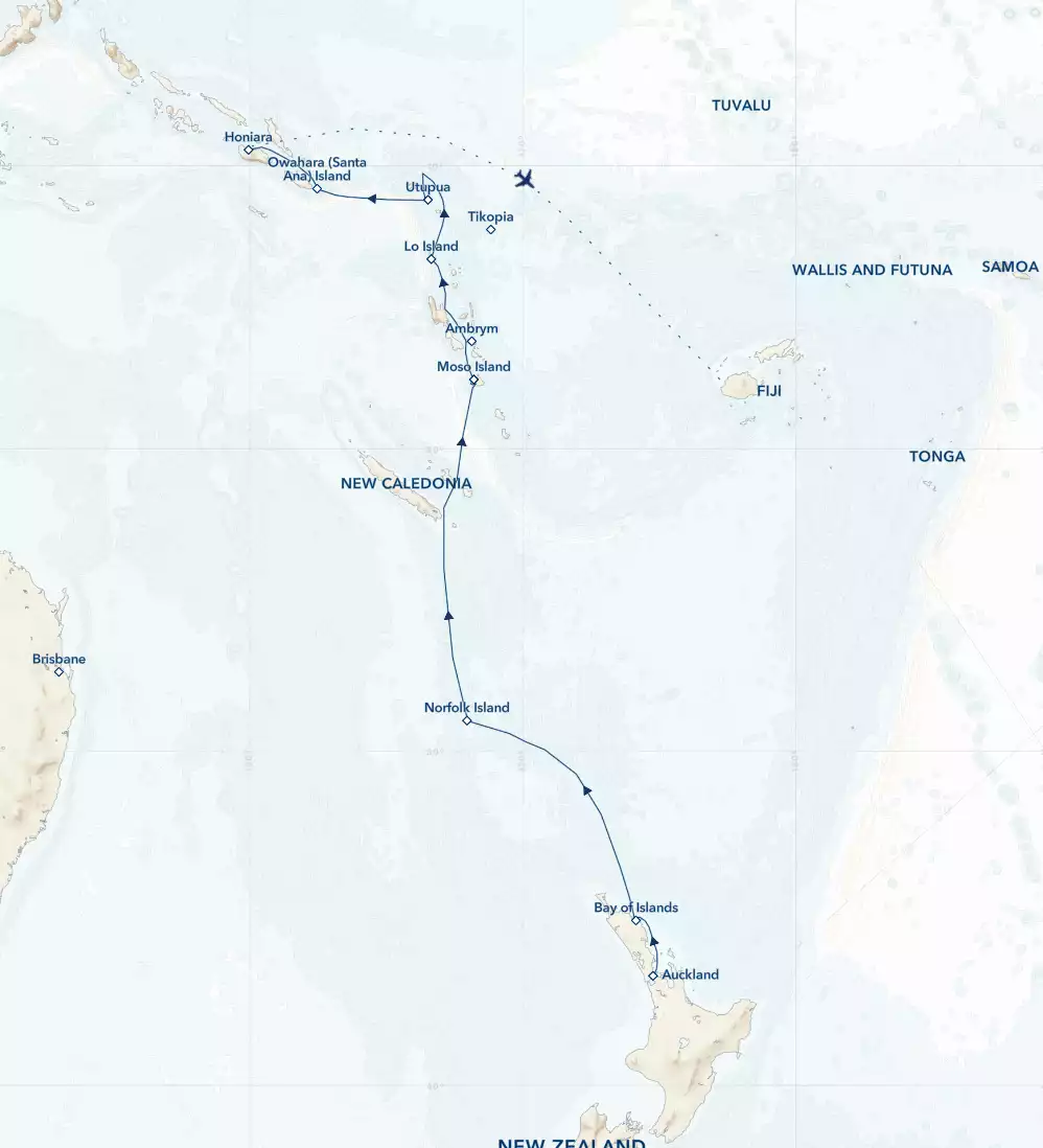 Route map of northbound Roots of the Pacific New Zealand to Melanesia cruise from Auckland, New Zealand to Nadi, Fiji, with visits to the islands of New Caledonia, Vanuatu & The Solomons.