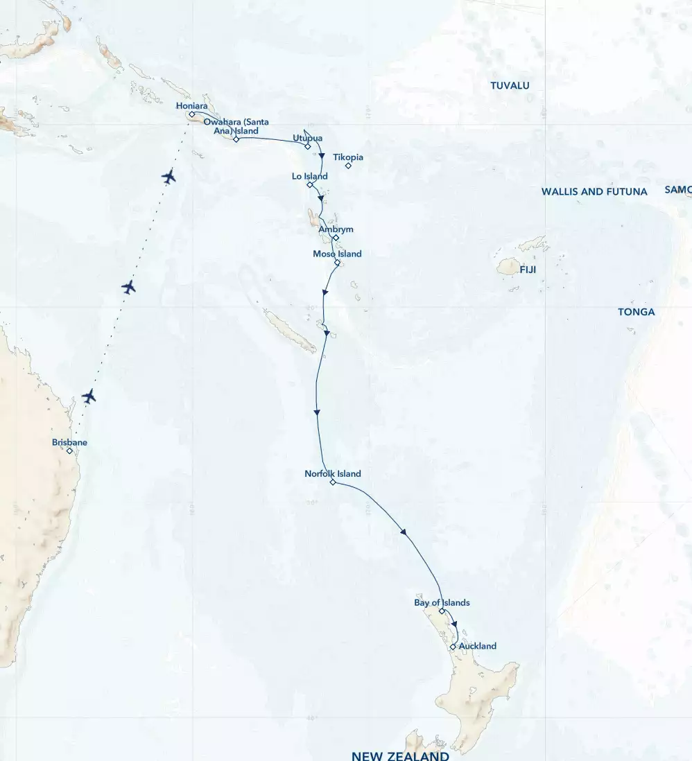 Route map of southbound Roots of the Pacific New Zealand to Melanesia cruise from Nadi, Fiji to Auckland, New Zealand, with visits to the islands of New Caledonia, Vanuatu & The Solomons.