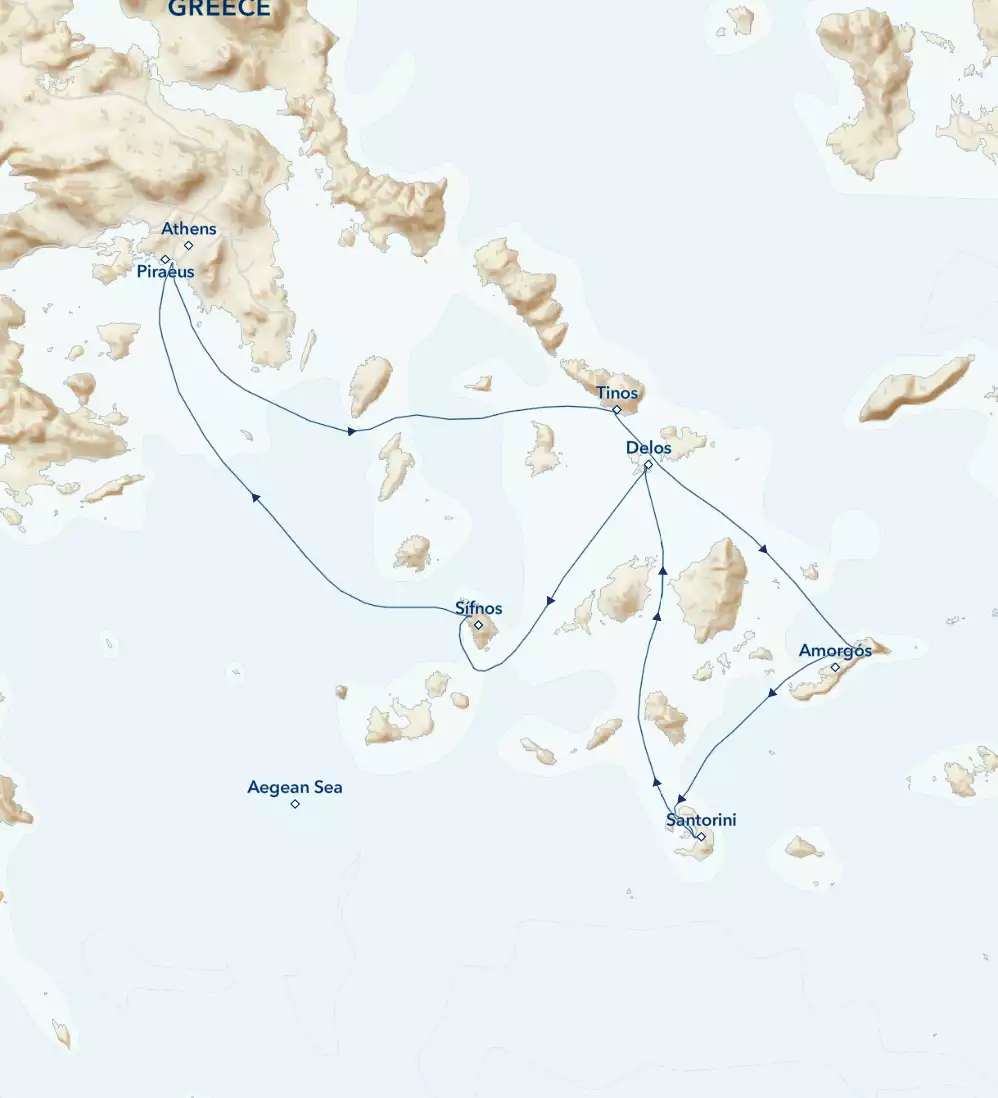 Route map of Sailing the Greek Isles aboard the Sea Cloud Fleet, round-trip from Piraeus with visits to Tinos, Delos, Amorgos, Santorini & Sifnos.