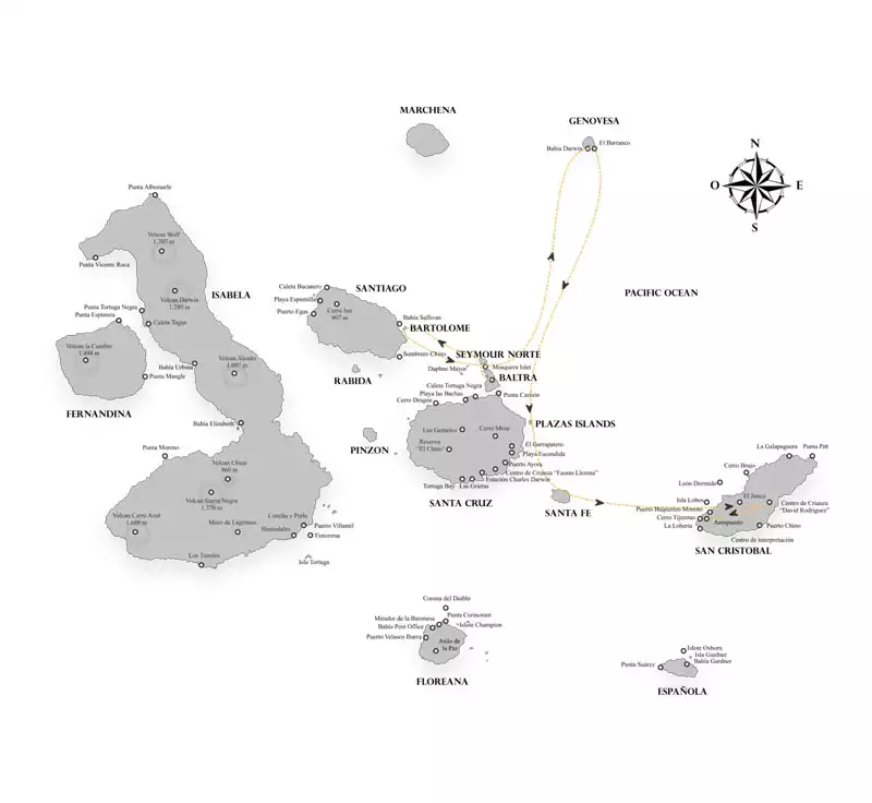 Seaman Journey Galapagos cruise route map with visits to Baltra, Bartolome, Genovesa, North & South Plazas, Santa Fe & San Cristobal.