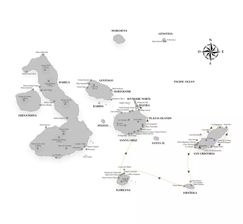 Seaman Journey Galapagos cruise route map with visits to Baltra, Santa Cruz, Floreans, Espanola & San Cristobal.