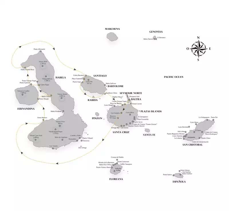 Galapagos cruise route map showing visits to Baltra, Santa Cruz, Fernandina, Isabela, Santiago, Rabida & Chinese Hat islands.