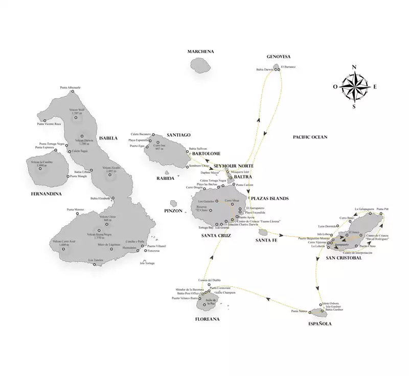 Galapagos cruise route map showing visits to Baltra, Bartolome, Seymour, Genovesa, Plazas, Santa Fe, San Cristobal, Espanola, Floreana and Santa Cruz islands.