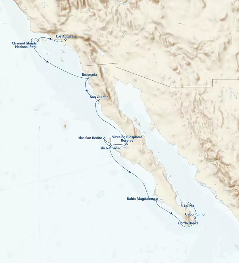 A Southern Migration: From The Channel Islands to Baja California cruise route map, operating from Los Angeles, California, to La Paz, Baja California Sur, Mexico, with visits to Channel Islands National Park, Ensenada, Magdalena Bay & more.