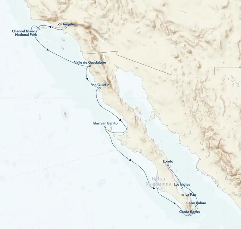 A Southern Migration: From The Channel Islands to Baja California cruise route map, operating from Los Angeles, California, to La Paz, Baja California Sur, Mexico, with visits to Channel Islands National Park, Ensenada, Magdalena Bay & more.