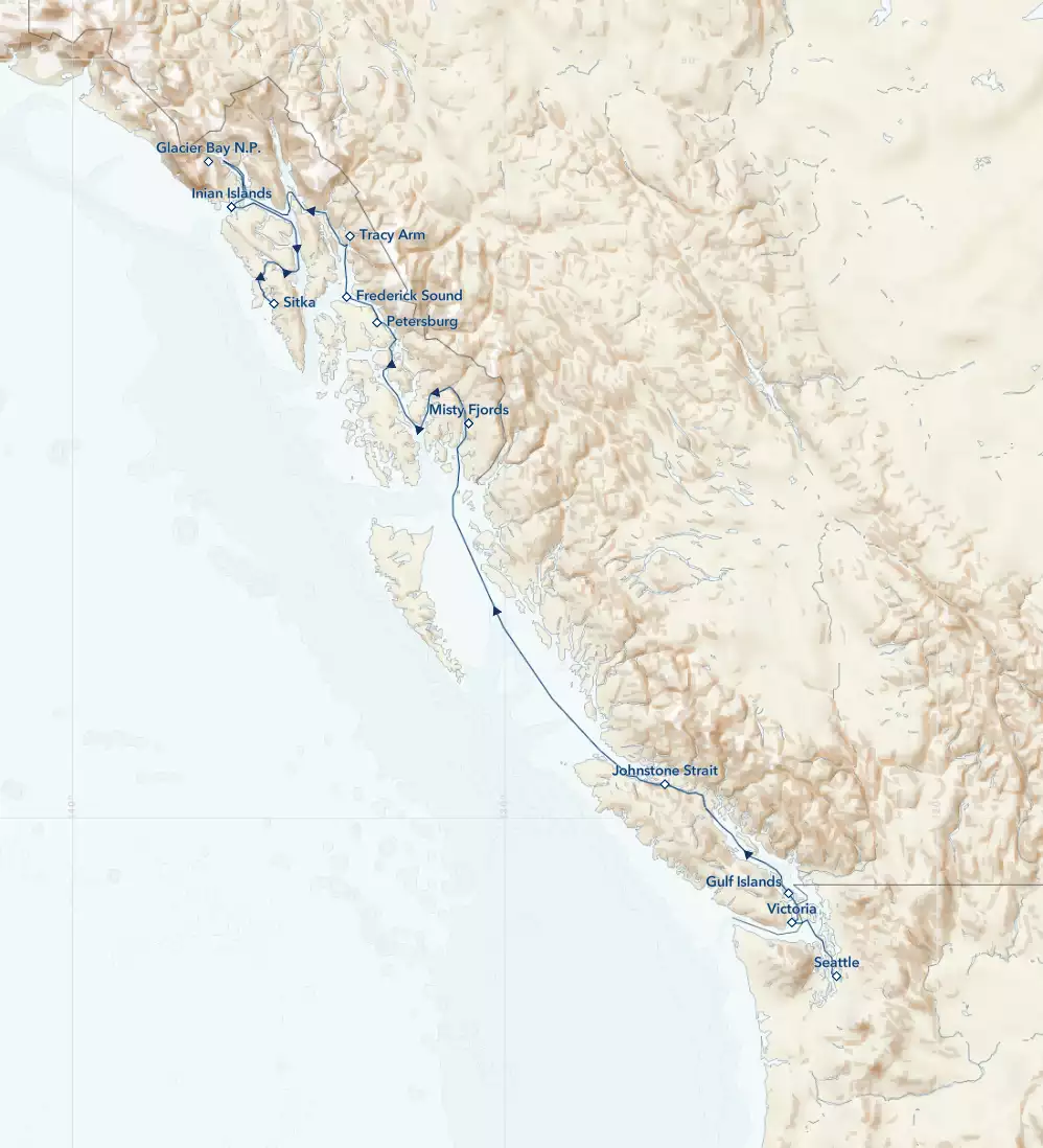 Route map of Northbound Treasures of the Inside Passage: Alaska & British Columbia cruise from Seattle, Washington to Sitka, Alaska.
