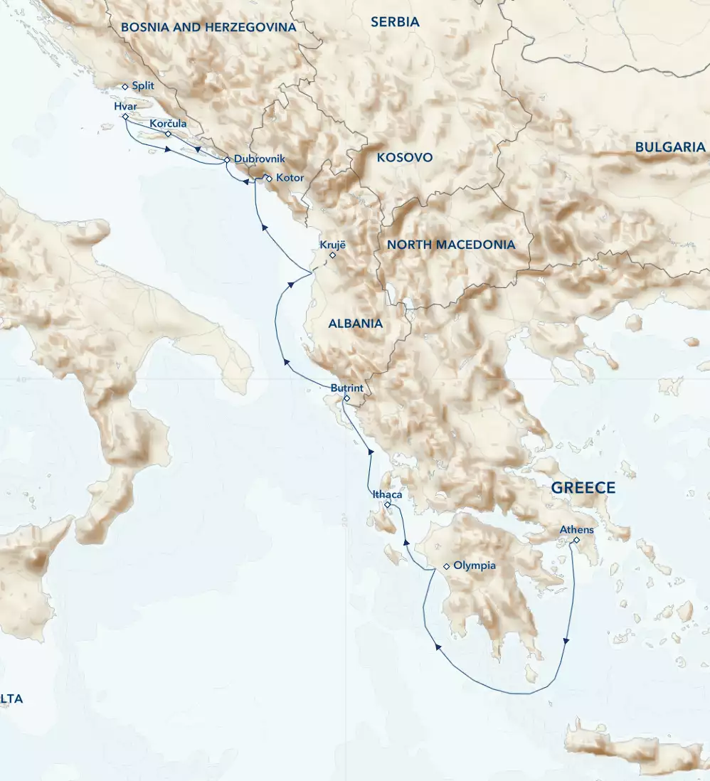 Route map of 2024 northbound Under Sail: Greece & the Dalmatian Coast aboard Sea Cloud cruise from Athens to Dubrovnik with visits along Albania, Montenegro & Croatia.