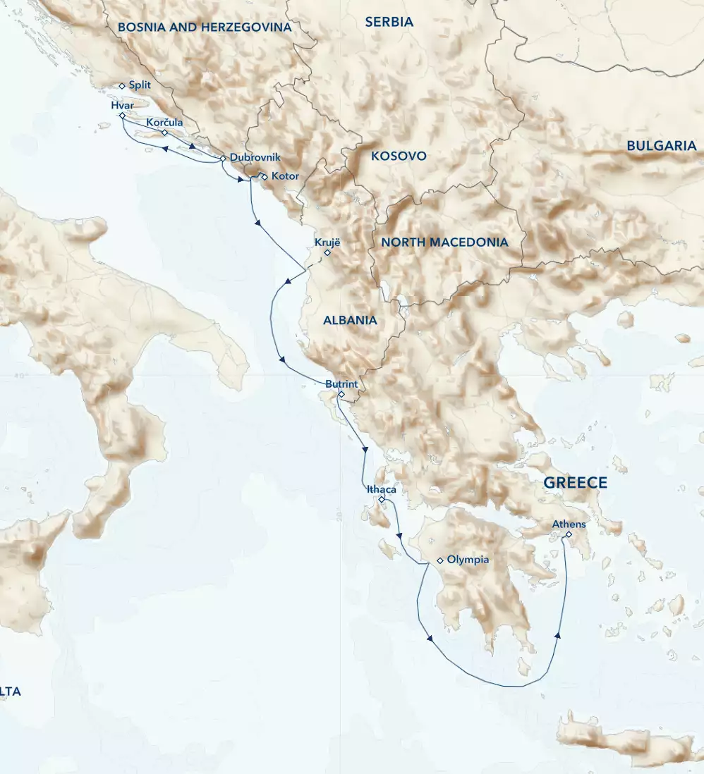 Route map of 2024 southbound Under Sail: Greece & the Dalmatian Coast aboard Sea Cloud cruise from Dubrovnik to Athens with visits along Croatia, Montenegro & Albania.