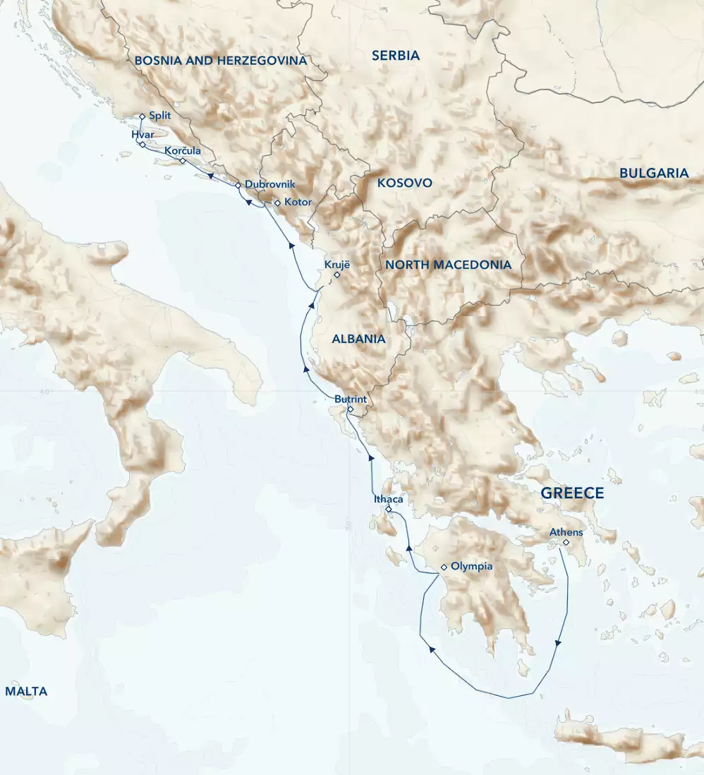 Route map of 2025 northbound Under Sail: Greece & the Dalmatian Coast aboard Sea Cloud cruise from Athens to Split with visits along Albania, Montenegro & Croatia.