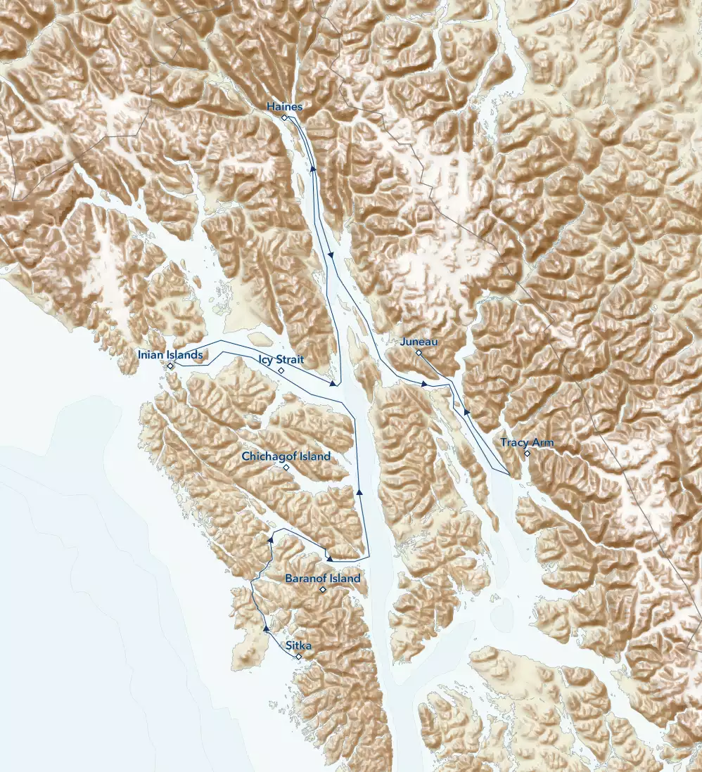 Route map of main, eastbound Wild Alaska Escape: Sitka & Juneau small ship cruise, with visits to Haines, Tracy Arm & more.