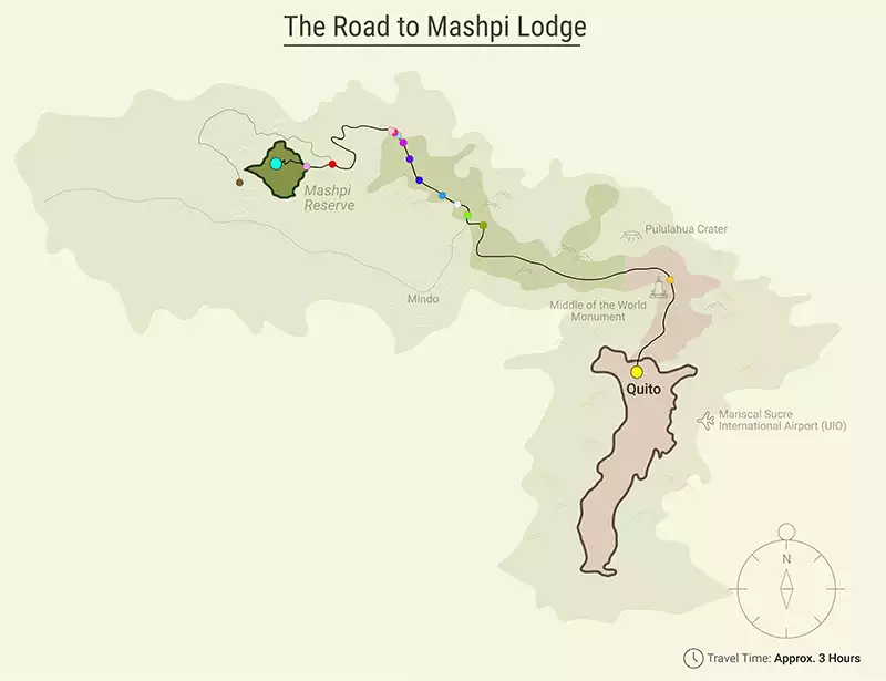 tan route map of the road to mashpi lodge for travelers to understand how to get there after arrving in Edcador