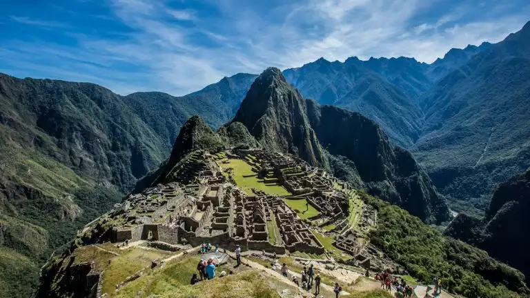 areil landscape views of machu picchu mountains on a bright sunny day