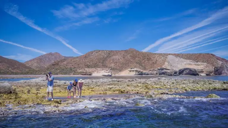 Guests exploring and taking pictures in San Esteban Island, Gulf of California, Mexico on a sunny blue day