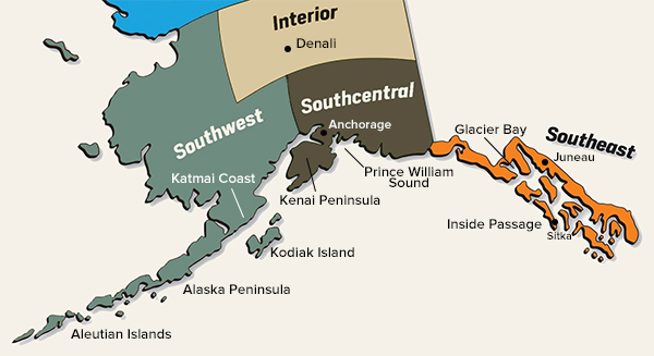 An Alaska vacation map showing the regions where travel takes place: Interior in tan, Southwest in green, Southcentral in brown and Southeast in orange.