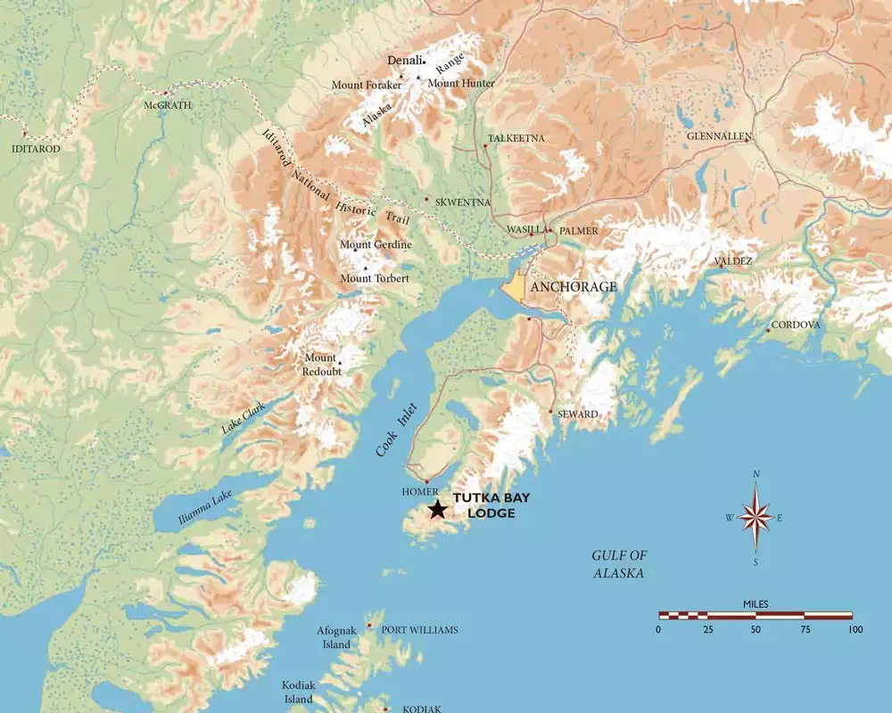 Map of Within the Wild luxury Alaska land tour showing the Kenai Peninsula, Anchorage & Tutka Bay Lodge.