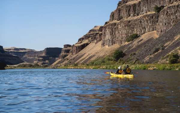 Tandem kayakers in yellow boat paddle wide, slow river in deep canyon with beige & brown walls on a Pacific Northwest cruise.