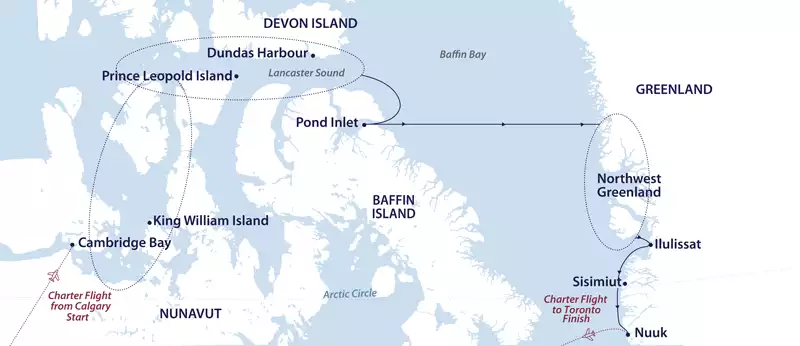 White & blue map showing the path of the eastbound Northwest Passage expedition from Calgary to Toronto.