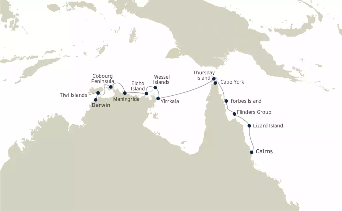 Route map of eastbound Cape York & Arnhem Land cruise in Australia, operating between Cairns & Darwin with visits to Cooktown, Lizard Island, Bremer Island, Hole in the Wall & Cobourg Peninsula.