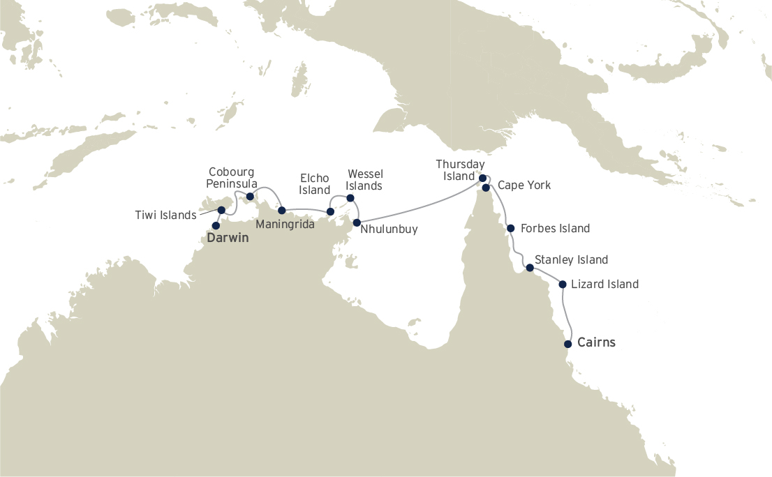 Route map of westbound Cape York & Arnhem Land cruise in Australia, operating between Darwin & Cairns with visits to Tiwi Islands, Cobourg Peninsula, Maningrida, Nhulunbuy (Gove) & the islands of Elcho, Wessel, Thursday, Forbes, Stanley & Lizard.