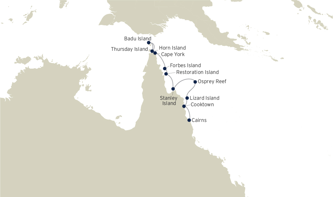 Route map of Torres Strait & Cape York cruise in Australia, operating between Cairns & Horn Island with visits to Cooktown, Lizard Island, Stanley Island, Osprey Reef & the islands of Restoration, Forbes, Badu, Horn & Thursday.