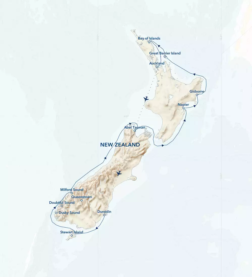 Route map of northbound Coastal New Zealand cruise, operating round-trip from Auckland with a flight to embark the ship in Dunedin and visits along the South Island's west coast and the North Island's east coast.