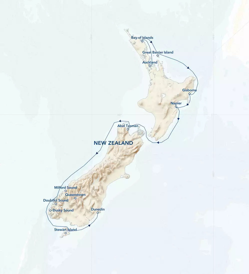 Route map of southbound Coastal New Zealand cruise, from Auckland to Dunedin and visits along the North Island's east coast and the South Island's west coast.