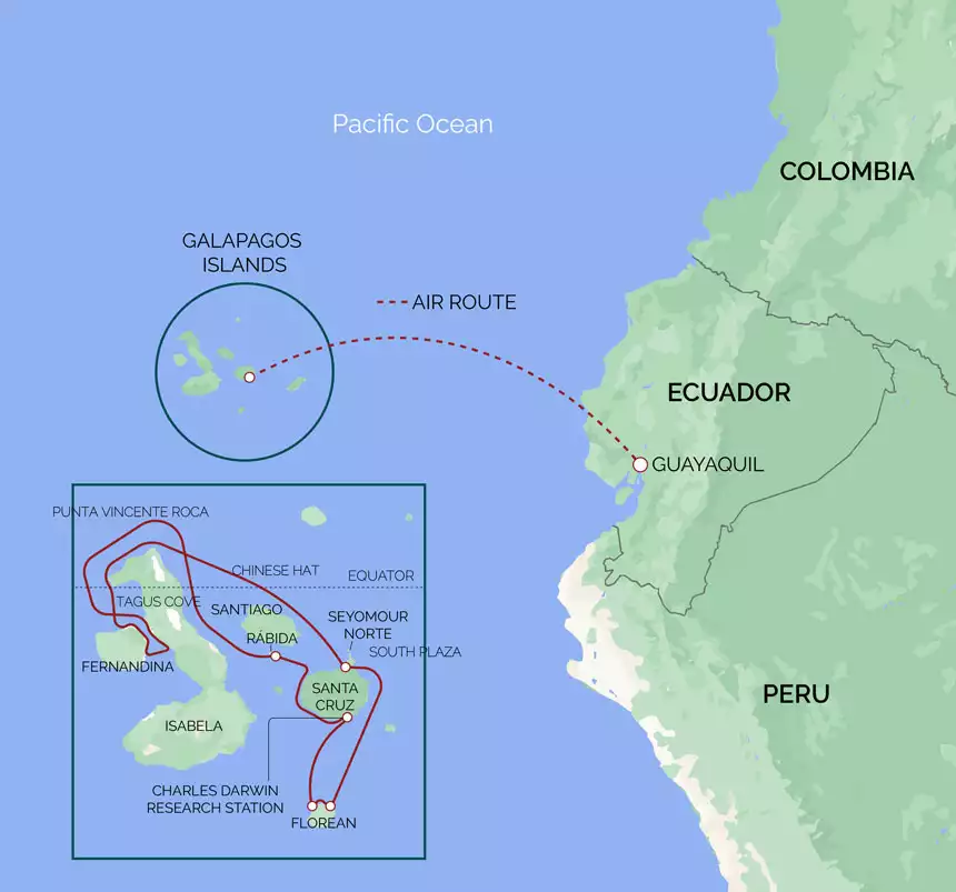 Green and blue colored map showing the route of the Darwin's Discoveries cruise in the Galapagos Islands