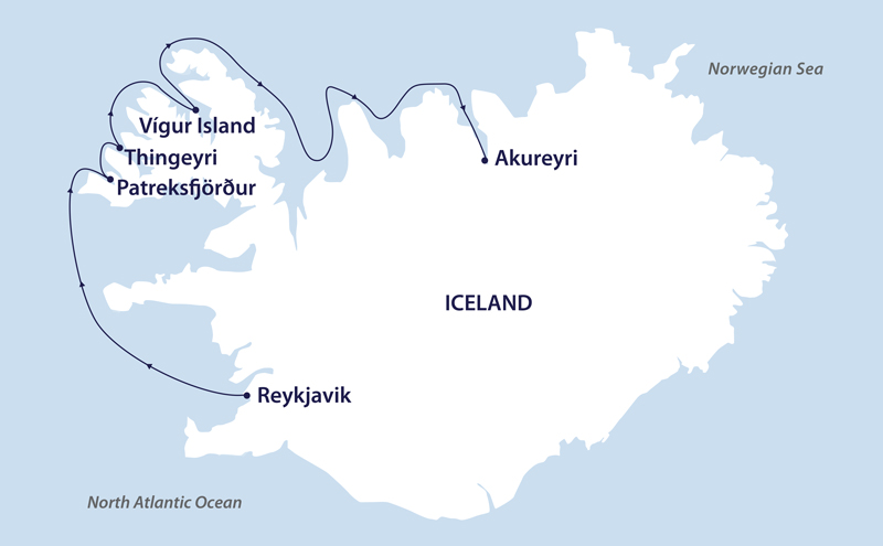 Route map of 7-day Iceland's Westfjords & North Coast cruise from Reykjavik to Akureyri.