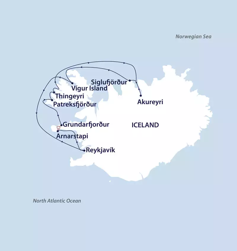 Route map of Iceland's Westfjords & North Coast cruise round-trip from Reykjavik with visits as far away as Akureyri.