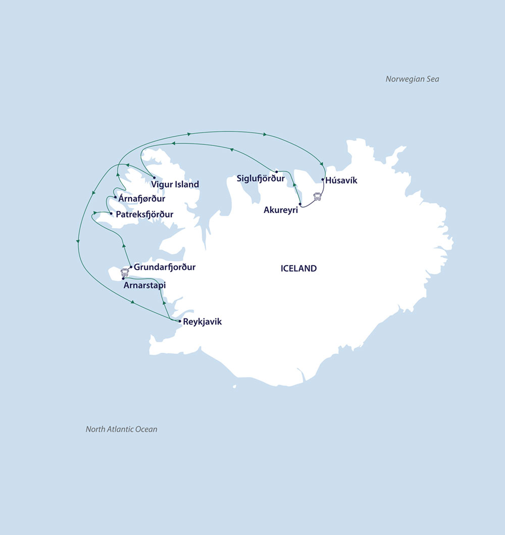 Route map of Iceland's Westfjords & North Coast cruise round-trip from Reykjavik with visits as far away as Husavik.