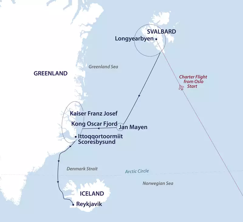 Route map of Jewels of the Arctic - Greenland Solar Eclipse cruise from Svalbard to Reykjavik via Jan Mayen & east Greenland, starting with a flight from Oslo.