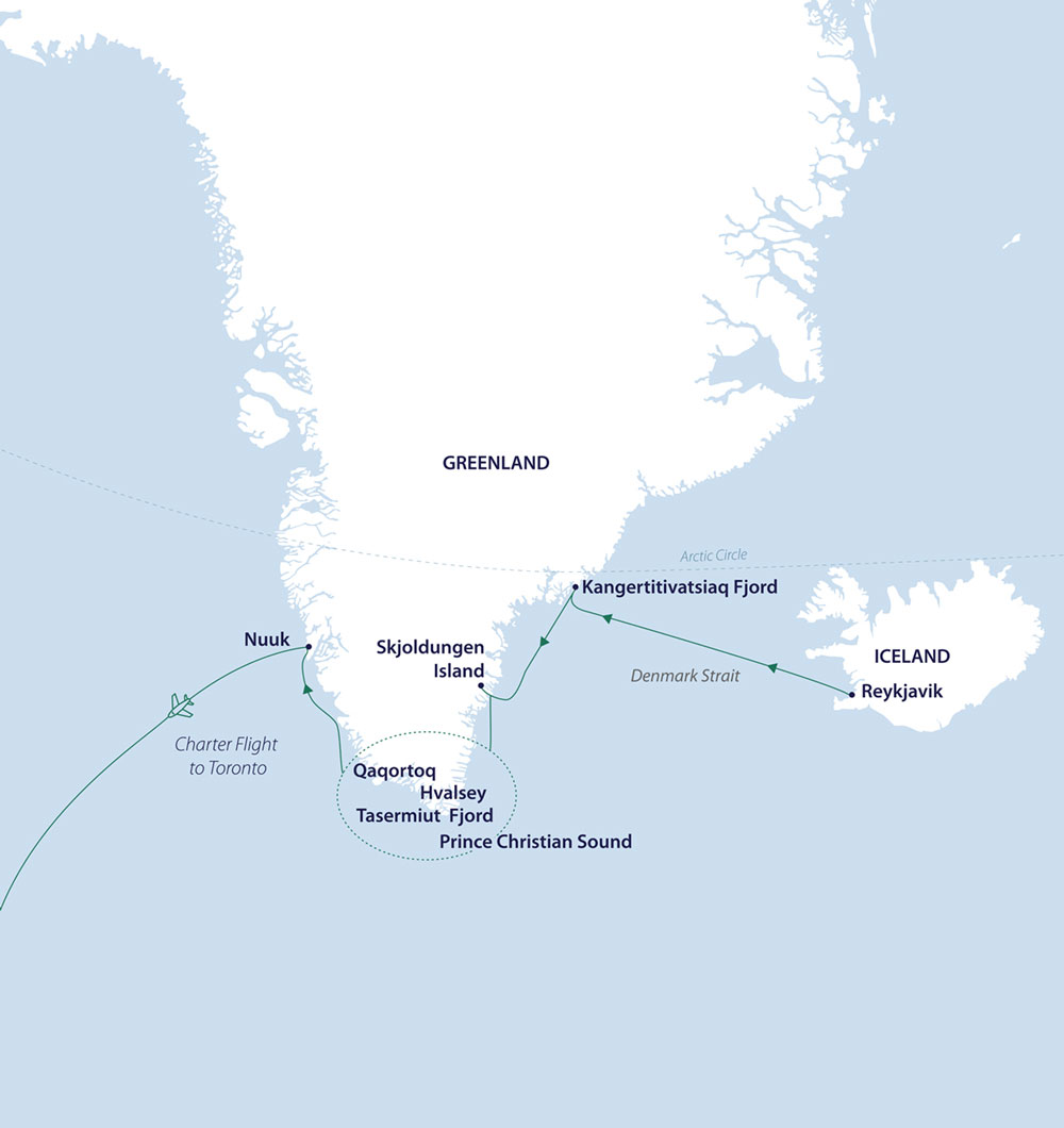 Route map of Southern Greenland: On the Trail of the Vikings cruise from Reykjavik, Iceland to Nuuk, Greenland, ending with a flight to Toronto, Canada.
