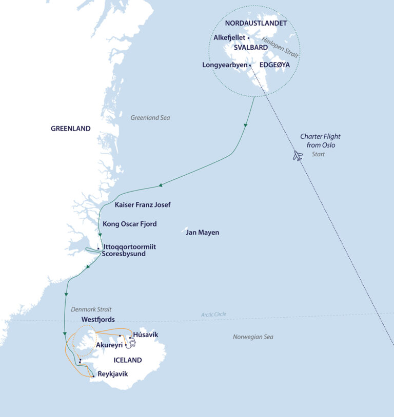 A route map showing the Wild Svalbard, Greenland & Iceland cruise from Oslo, Norway by plane to embark Svalbard to Iceland by way of Greenland's east Coast, Scoresbysund & Iceland's west coast.