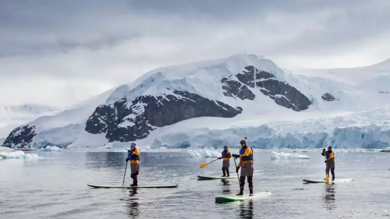 4 Paddle boarders navigate icy waters in front of a snowy icy mountain