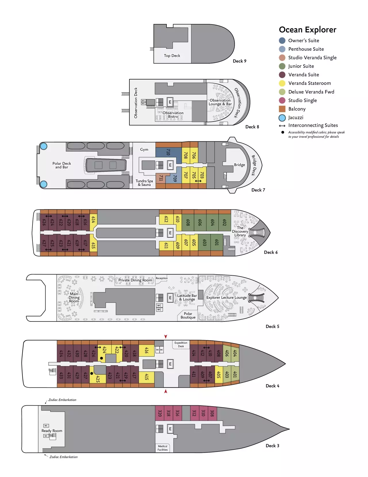 Deck plan of Ocean Explorer with 6 passenger decks, 8 cabin categories, various social areas & capacity for 138 guests.