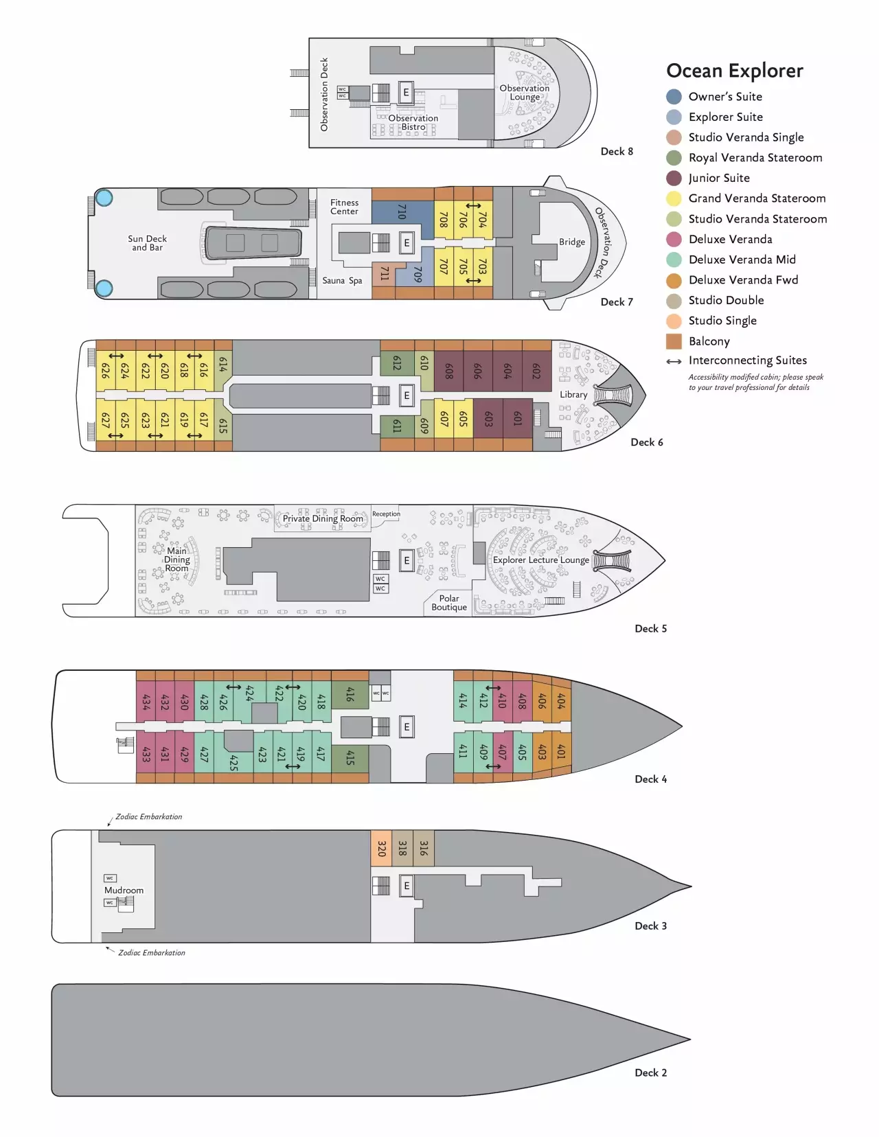 Deck plan of Ocean Explorer with 6 passenger decks, 13 cabin categories, various social areas & capacity for 138 guests.