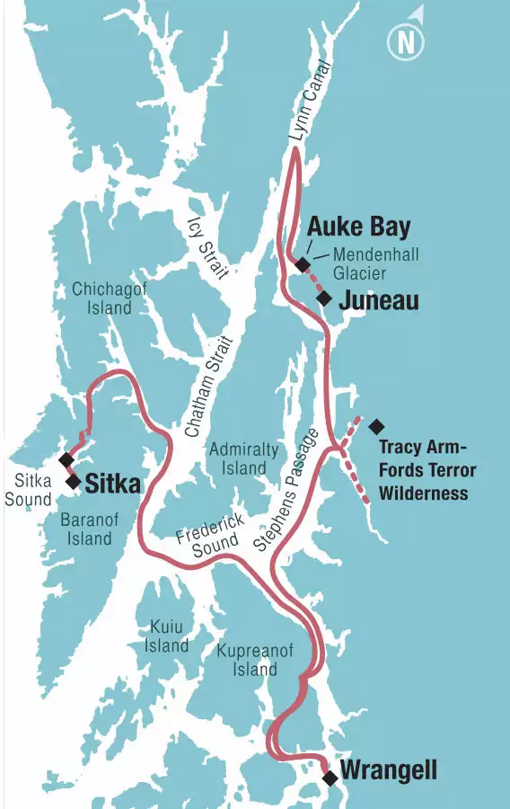 Route map of reverse Alaska's Ultimate Adventure Cruise, from Juneau to Sitka with visits to Orca Point Lodge, Auke Bay, Tracy Arm-Fords Terror Wilderness & Wrangell.