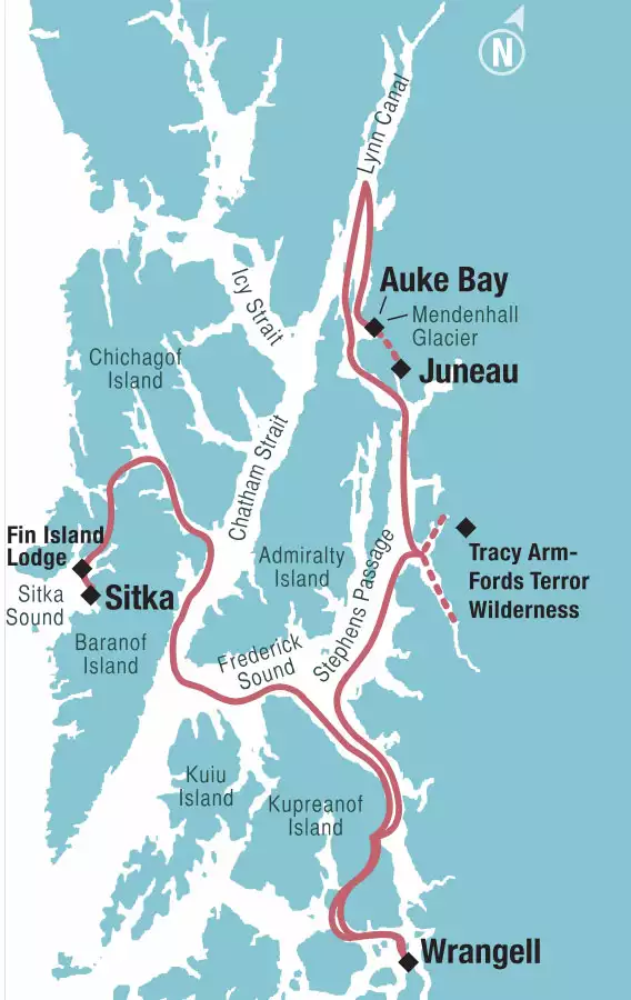 Route map of main Alaska's Ultimate Adventure Cruise, from Sitka to Juneau with visits to Fin Island Lodge, Auke Bay, Tracy Arm-Fords Terror Wilderness & Wrangell.