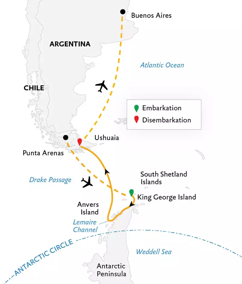 Route map of Antarctic Express: Fly South, Cruise North via Buenos Aires Antarctica small ship air cruise, flying from Punta Arenas, Chile to Antarctica & ending by cruising to disembark in Ushuaia, Argentina & take a charter flight to Buenos Aires.