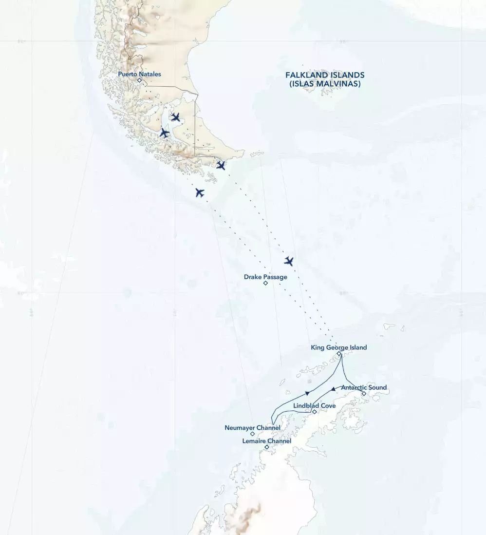 Route map of Antarctica Direct: Fly the Drake Passage cruise, operating round-trip from Puerto Natales, Chile, with charter flights to & from King George Island.