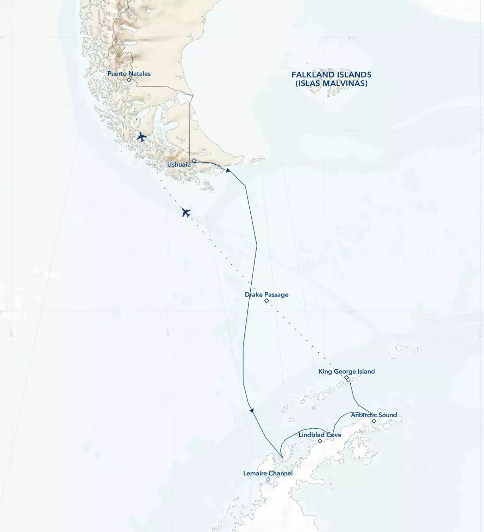Route map of Antarctica Direct: Sail & Fly the Drake Passage cruise, sailing from Ushuaia, Argentina to Antarctica & ending with a charter flight from King George Island to Puerto Natales, Chile.